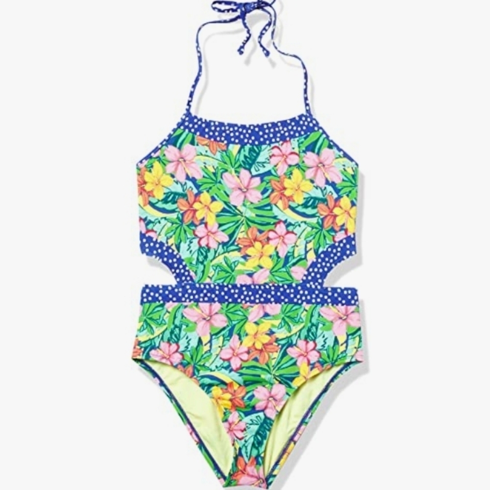 Hobie Girls' Cut Out Multicolor Tropical Print with Polk Dot Accent Size 12